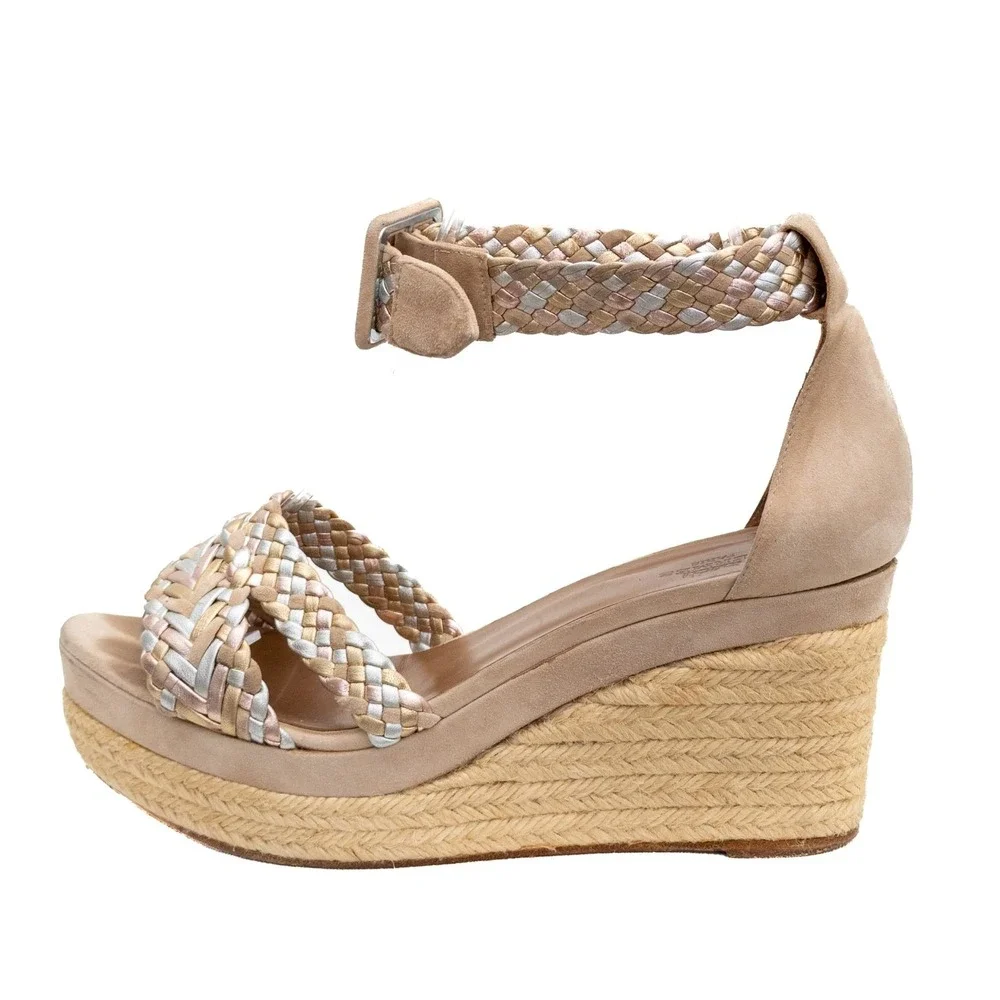 HERMÈS TAUPE SUEDE & METALLIC BRAIDED STRAP INES ESPADRILLE WEDGES EU 38 US 7.5‎